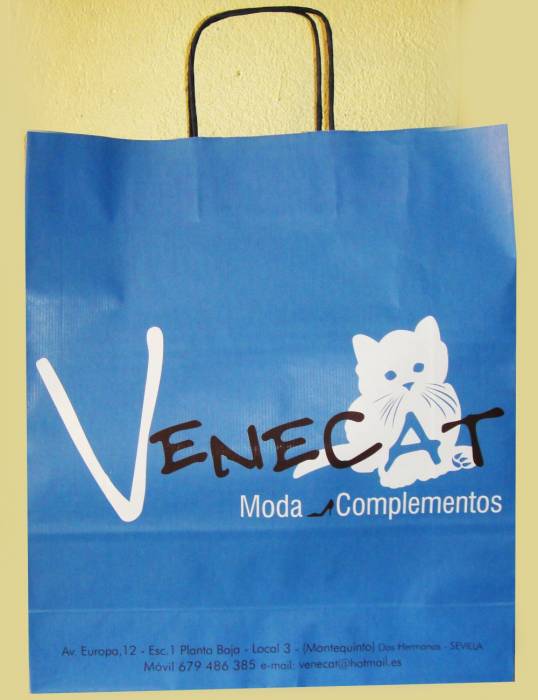 Bolsa de papel econ&oacute;mica en 2 tintas, asa risada. Venecat Montequinto Sevilla