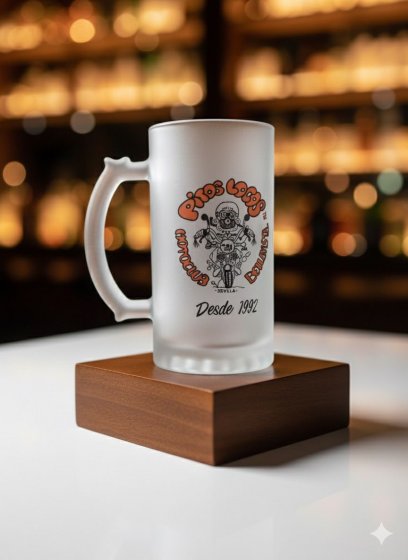 Jarra cristal 500 ml grabada en sublimaci&oacute;n, para Pitos Locos en Bellavista Sevilla.