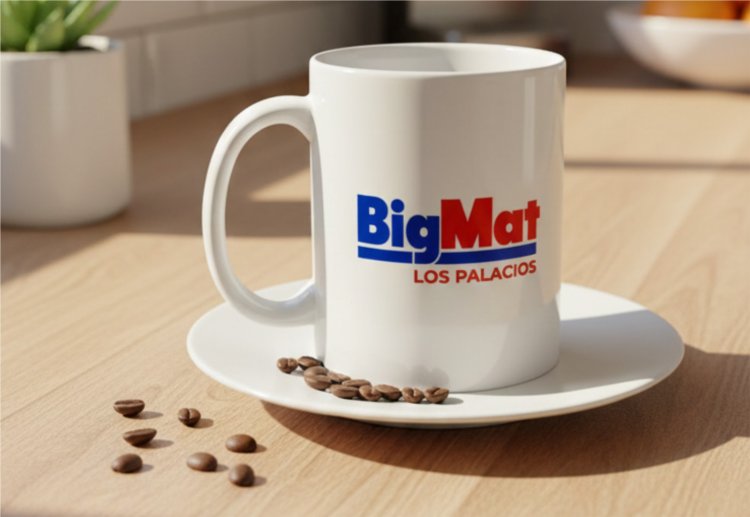 Taza grabada en sublimaci&oacute;n, para BigMat Los Palacios Sevilla.