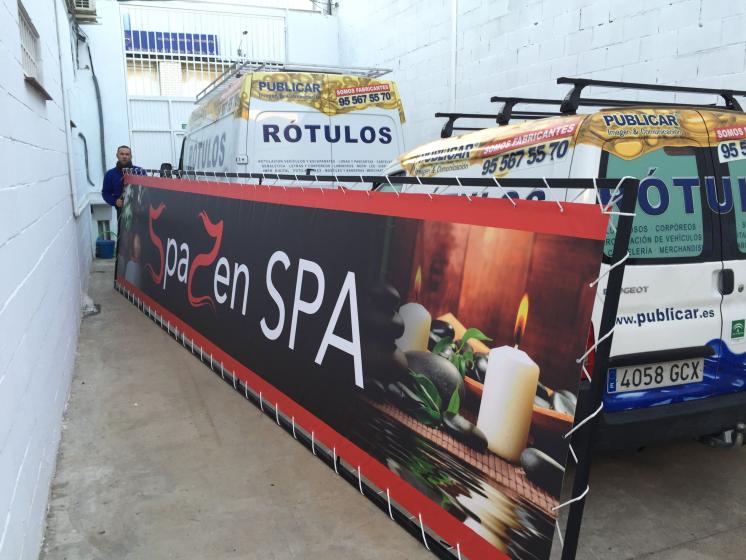 Cartel lona publicitaria de Gran formato. Spazen Spa y Spazen Peluquería, Dos Hermanas Sevilla
