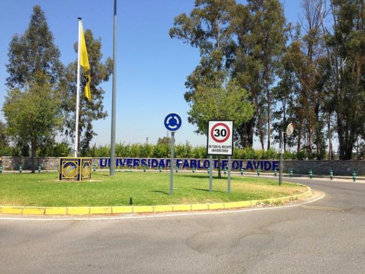 R&oacute;tulo en letras corp&oacute;reas en acero inoxidable y fondeadas en vinilo.Universidad Pablo de Olavide Sevilla