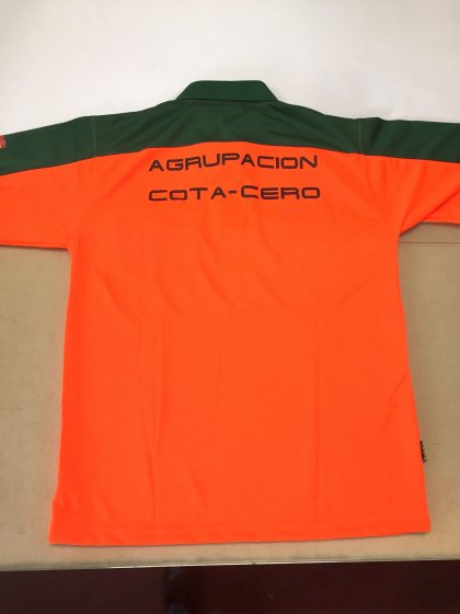 Polo trabajo alta visibilidad serigrafiado y transfer. Agrupación Motorista Cota Cero Sevilla.