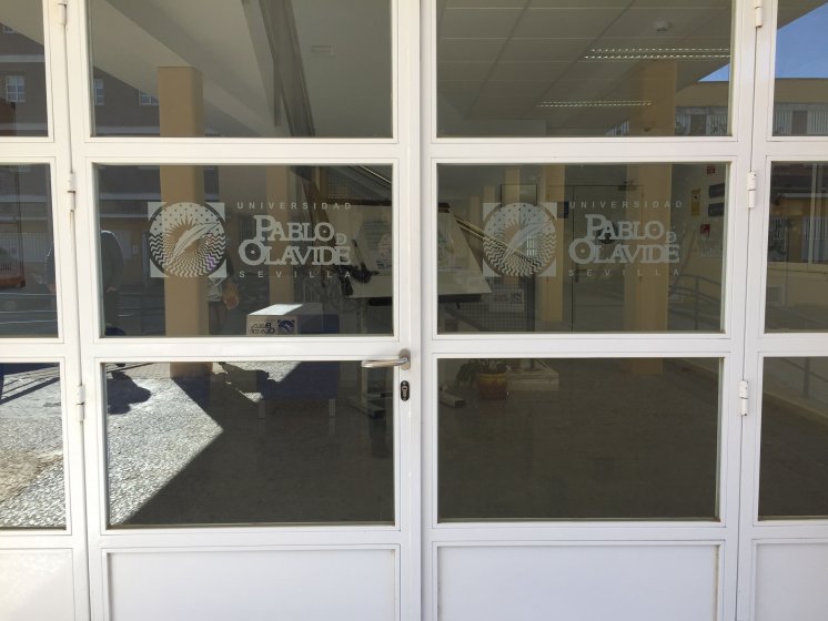 Rotulación de vinilos ácido plata en cristal . Universidad Pablo de Olavide Sevilla