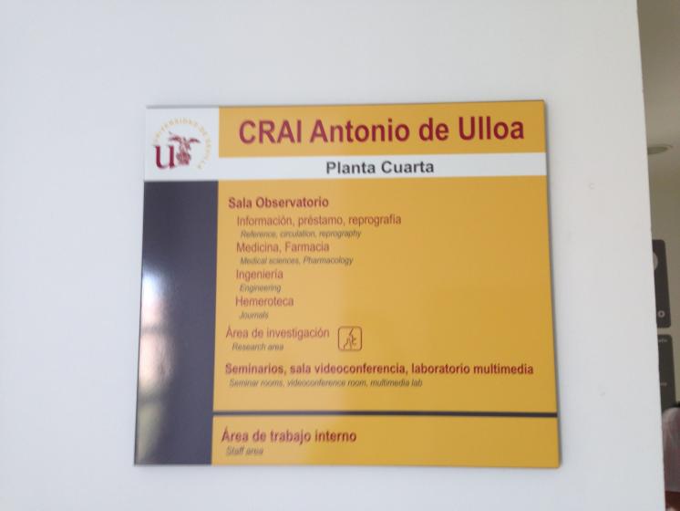 Rótulo cartel con rotulación Directorio de planta Crai Edificio Antonio de Ulloa, Universidad de Sevilla 