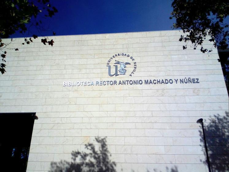 R&oacute;tulo cartel letras corp&oacute;reas. Universidad de Sevilla, Biblioteca Rector Antonio Machado y N&uacute;&ntilde;ez