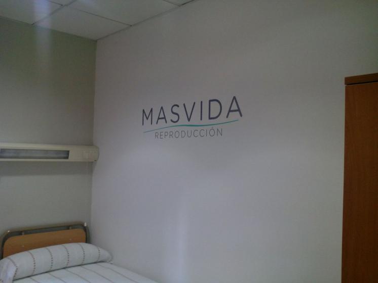 Rótulo recortado en aluminio Masvida Reproducción, Sevilla.