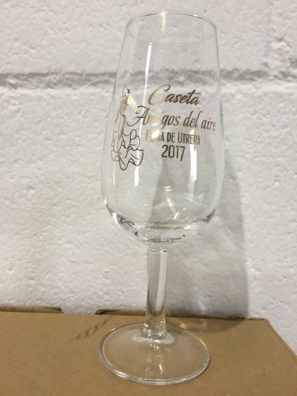 Catavinos jerezanos serigrafiados en tinta oro de 24K y su caja en terminaci&oacute;n plata. Feria de Utrera Sevilla.