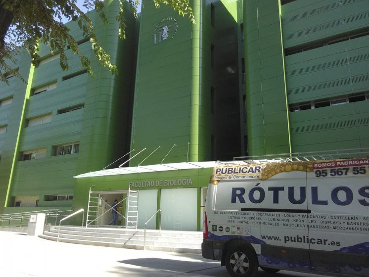 Letras recortadas en PVC lacado, para la Facultad de Biolog&iacute;a de la Universidad de Sevilla.