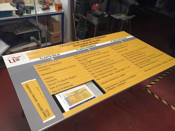 Rótulo directorio homologado en lamas de aluminio y rotulado con vinilos corporativos. Facultad de Turismo y Finanzas. Univerisdad de Sevilla.