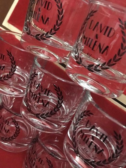 Vaso de cristal chupito, serigrafiado &oacute; grabado en tinta al horno para boda. Sevilla
