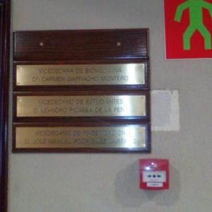Placa de latón grabada en bajo relieve y patina de tintasobre peana o metopa de madera. Universidad de Sevilla.