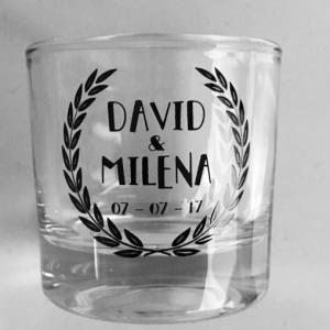 Vaso de cristal chupito, serigrafiado &oacute; grabado en tinta al horno para boda. Sevilla
