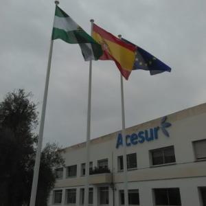 Banderas de izado con mástil de fibra de vidrio, con base abatible. Acesur Sevilla ( Aceites la Española )