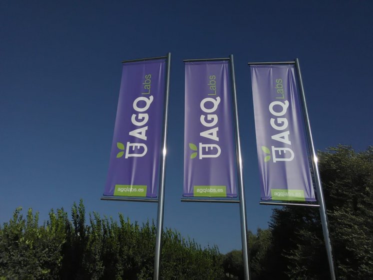 AGQ Sevilla. M&aacute;stiles de acero inoxidable con potencias y banderolas de lonas a doble cara.