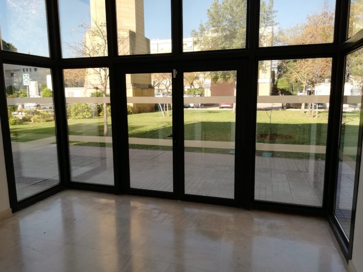 Rotulación de cristales con vinilos imitación ácido plata. Real Academia de la Ciencia. FIUS Fundación de Investigación de la Universidad de Sevilla.