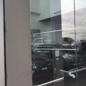 Rotulación y decoración de cristal en vinilo ácido. Peugeot Automares Sueminencia Sevilla.