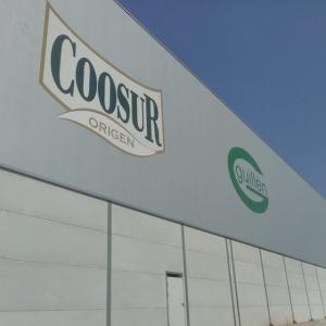 Rotulación de frente fachada en vinilos especiales al exterior. Coosur Aceites La Española en Vilches Jaén