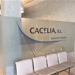 Rotulación de mamparas de oficina en vinilo imitación ácido plata en impresión. Cacelia en Sevilla.