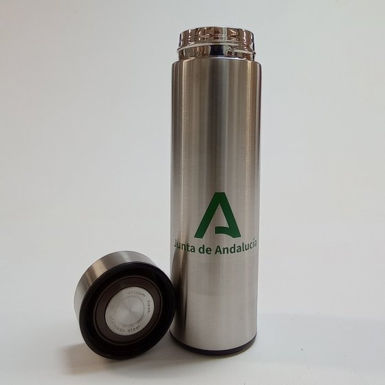 Merchandising o reclamo publicitario, termo acero inoxidable serigrafiado para Protocolo de la Junta de Andaluc&iacute;a en Sevilla.