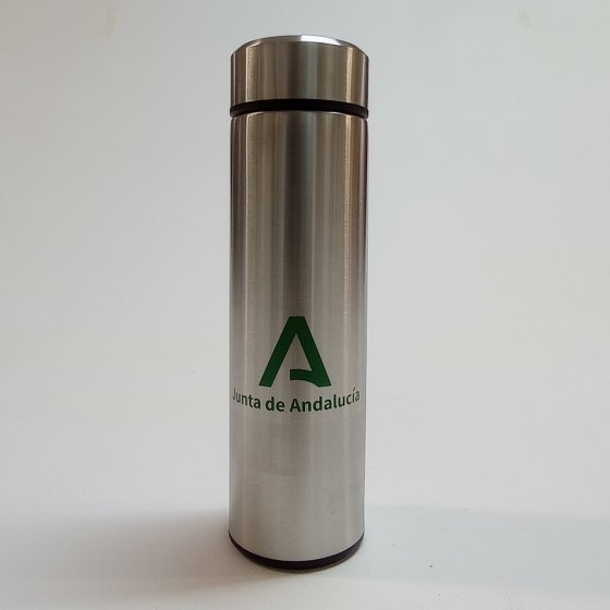 Merchandising o reclamo publicitario, termo acero inoxidable serigrafiado para Protocolo de la Junta de Andaluc&iacute;a en Sevilla.