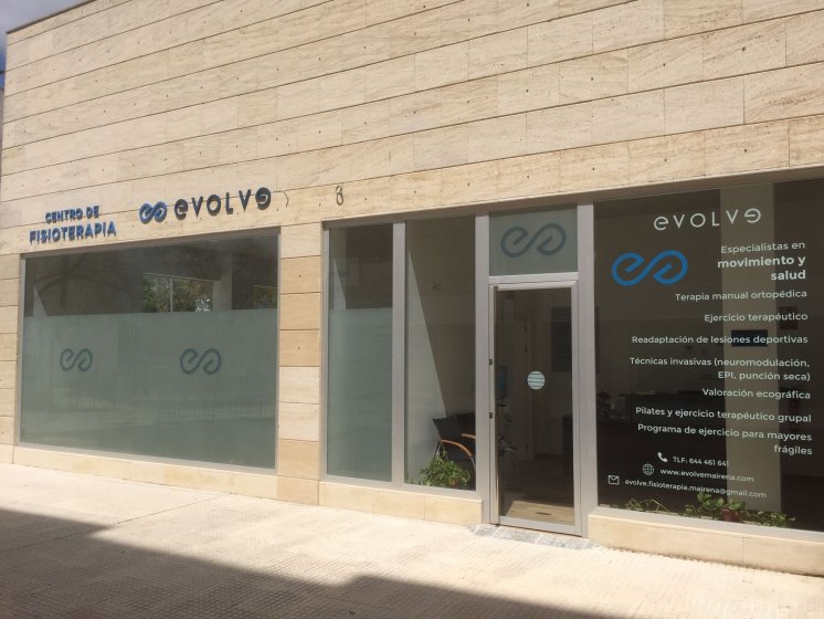 Rotulaci&oacute;n de mamparas de separaci&oacute;n y escaparates con vinilos imitaci&oacute;n &aacute;cido plata o chorro de arena. Para Centro de Fisioterapia Evolve en Sevilla.