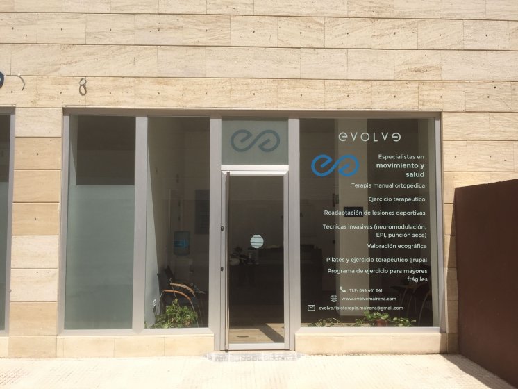 Rotulación de mamparas de separación y escaparates con vinilos imitación ácido plata o chorro de arena. Para Centro de Fisioterapia Evolve en Sevilla.