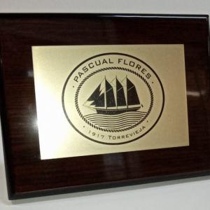 Placa conmemorativa en lat&oacute;n grabado en bajo relieve y metopa de madera. Instituto Noa.