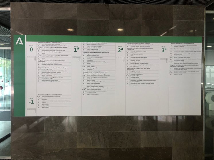 Fabricación y colocación de 18 Directorios homologados para la Consejería de gestión Agraria y Pesquera de Junta de Andalucía en Sevilla. 